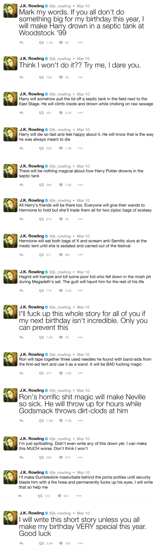 Illustration for article titled Not Messing Around: J.K. Rowling Just Threatened To Write A Short Story Where Harry Potter Drowns In A Septic Tank At Woodstock ’99 If Fans Don’t Do Something Big For Her Birthday